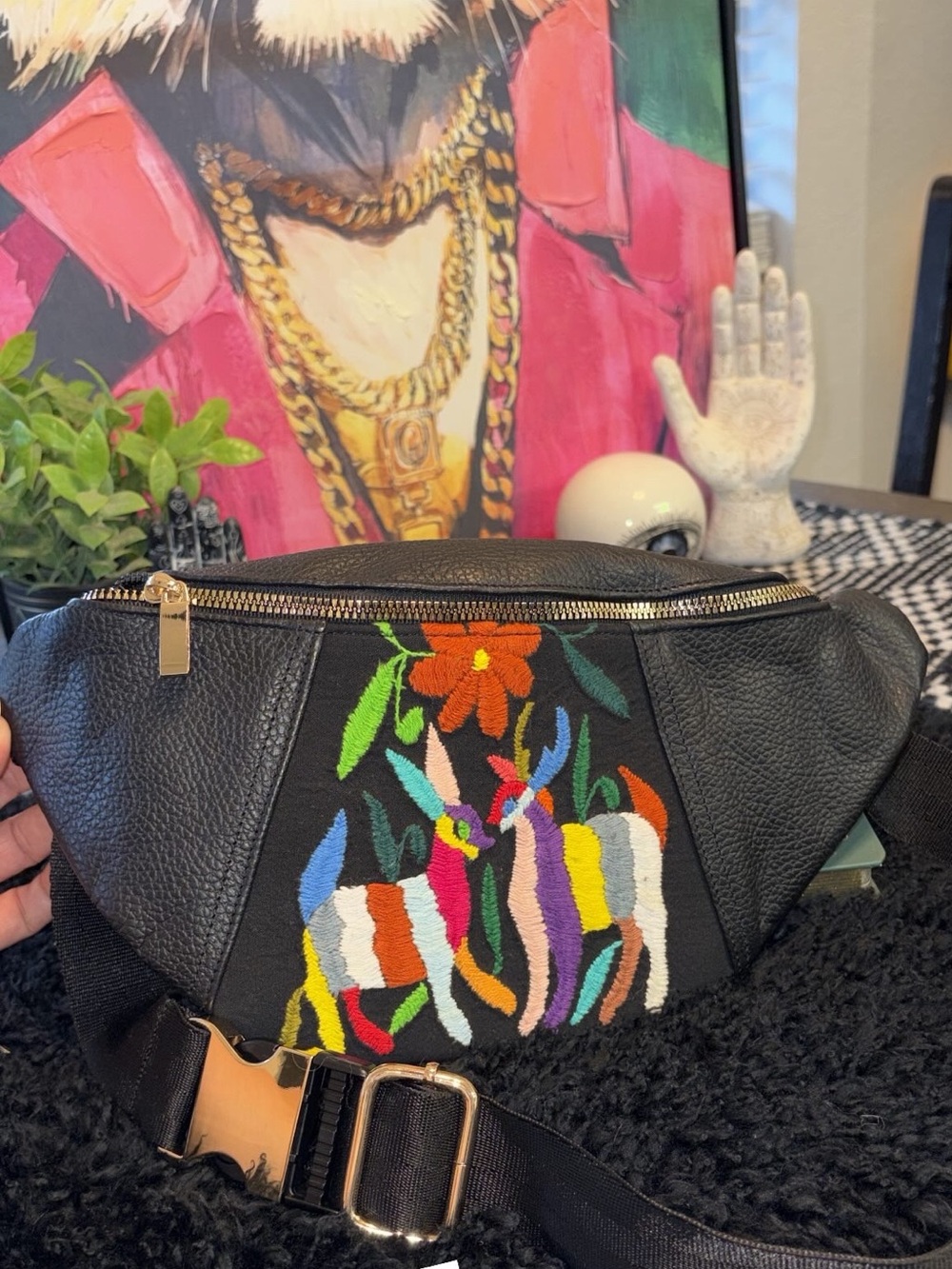 Black Leather Waist Bag with Colorful Embroidered Animals